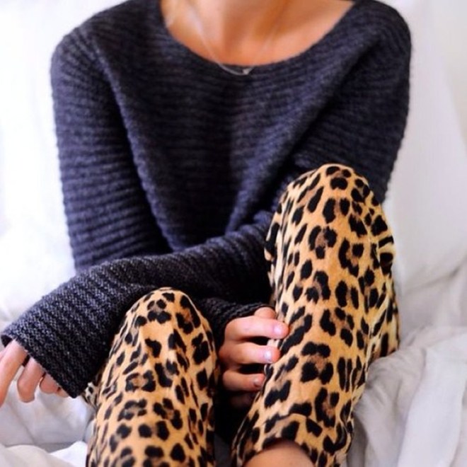 leopard pants with chunky sweater